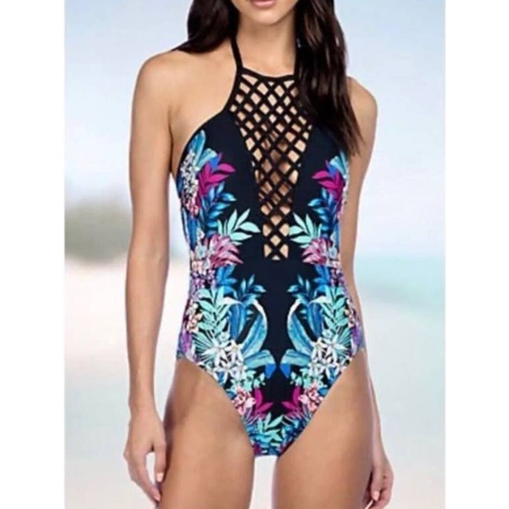 Kenneth Cole Womens Tropical Floral Print Lattice High Neck One Piece Swimsuit